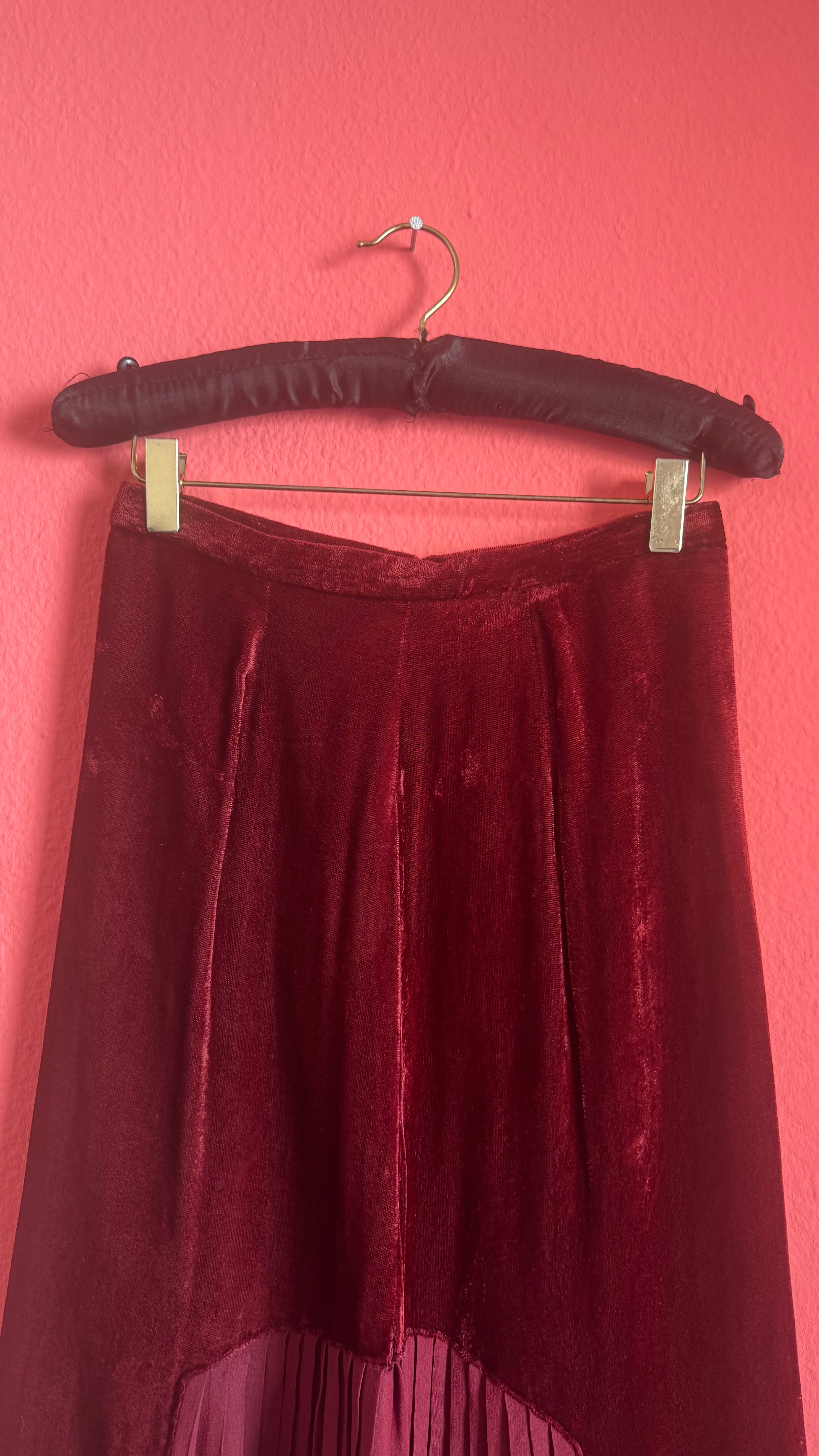 Vintage 1980s Burgundy Velvet Pleated Midi Skirt