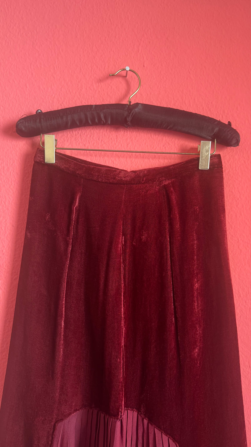 Vintage 1980s Burgundy Velvet Pleated Midi Skirt