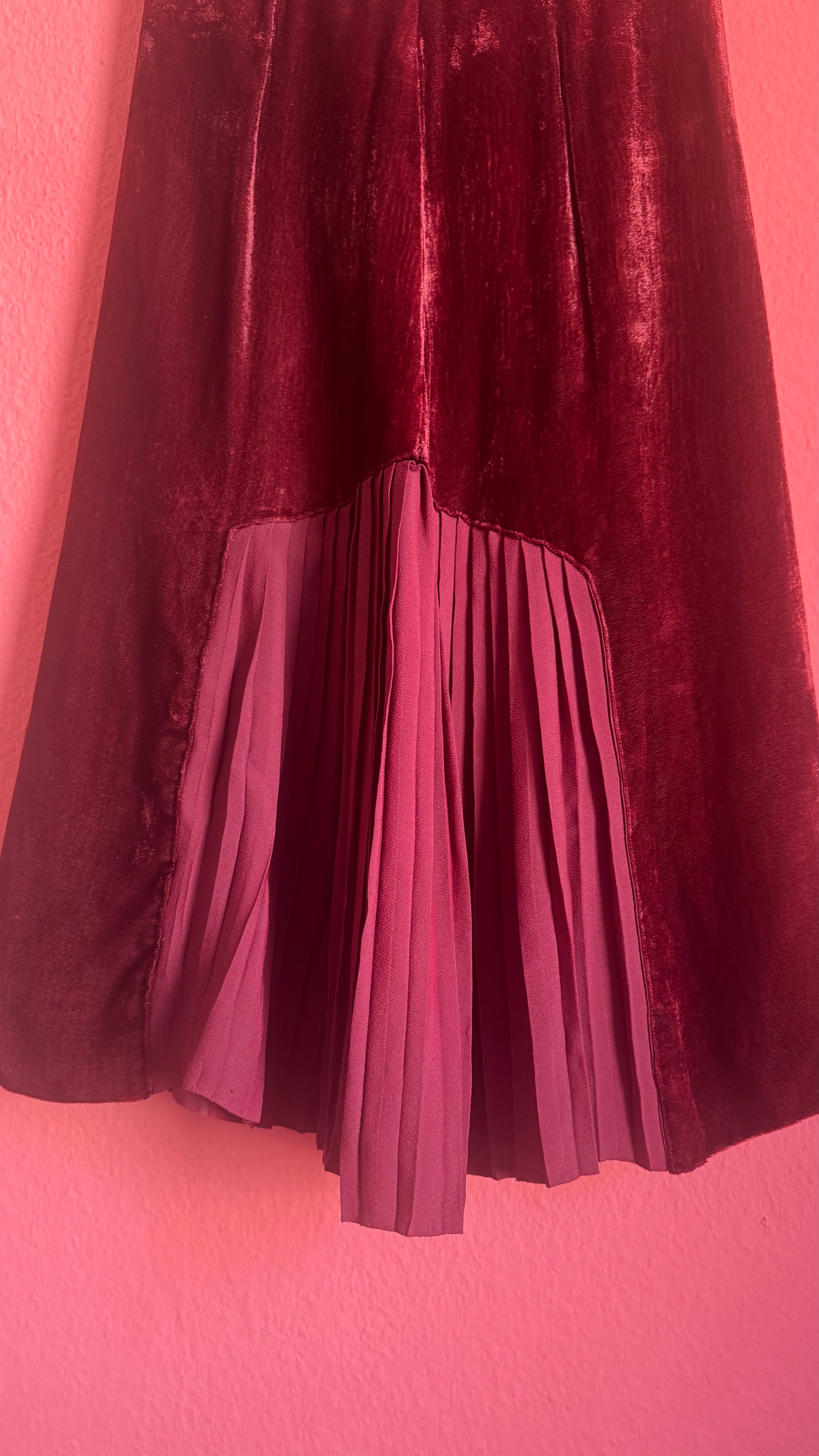 Vintage 1980s Burgundy Velvet Pleated Midi Skirt
