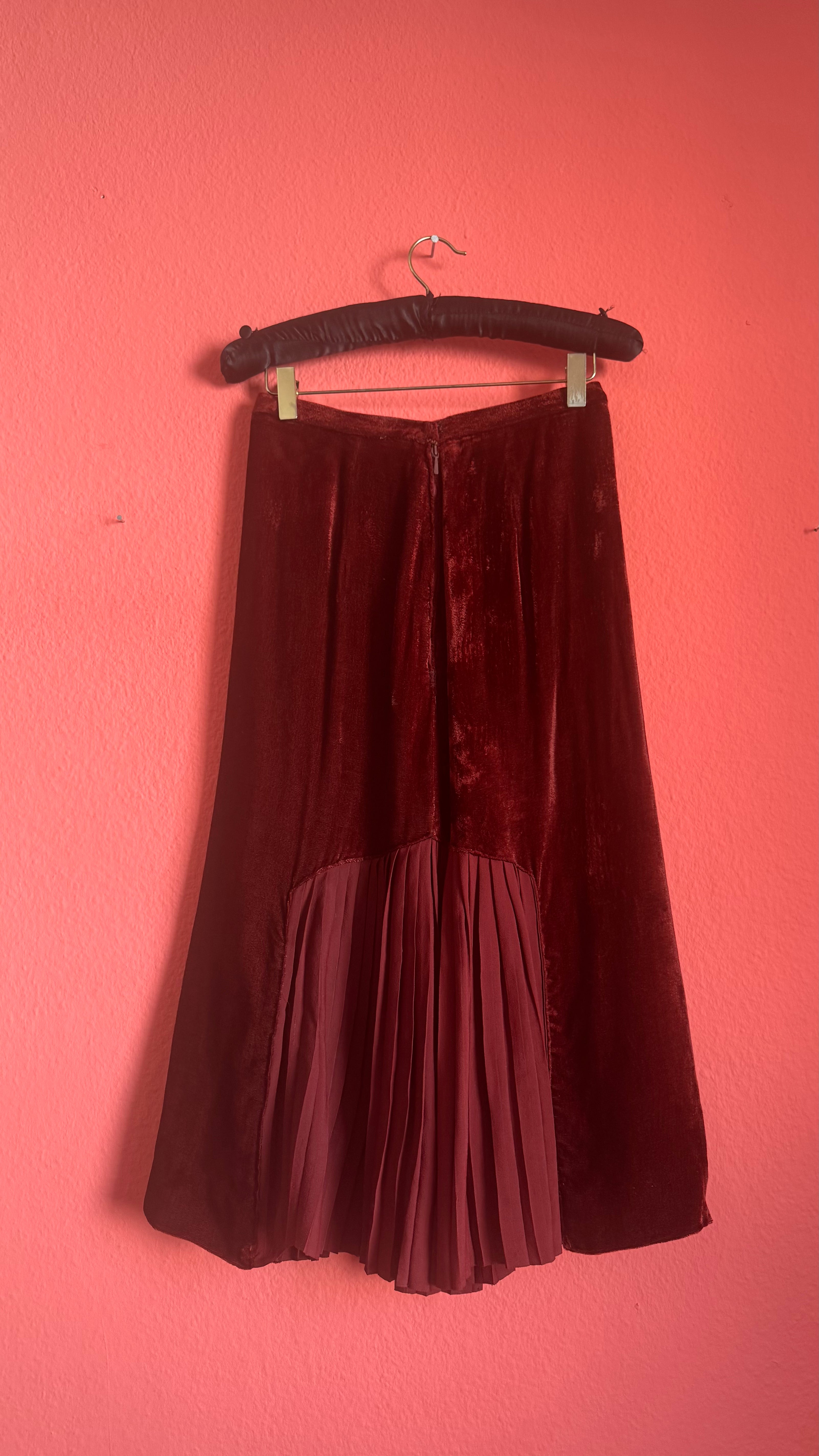 Vintage 1980s Burgundy Velvet Pleated Midi Skirt