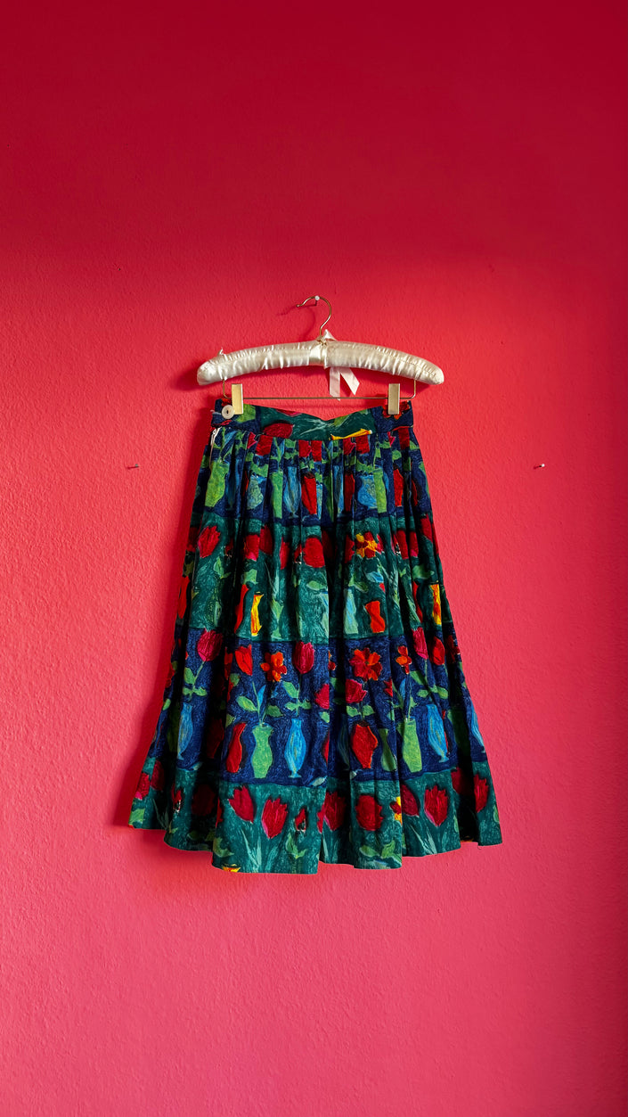 Vintage High-Waisted Floral Skirt | Cotton A-Line Pleated Pastel - Alva - Morgaine | Vintage Store