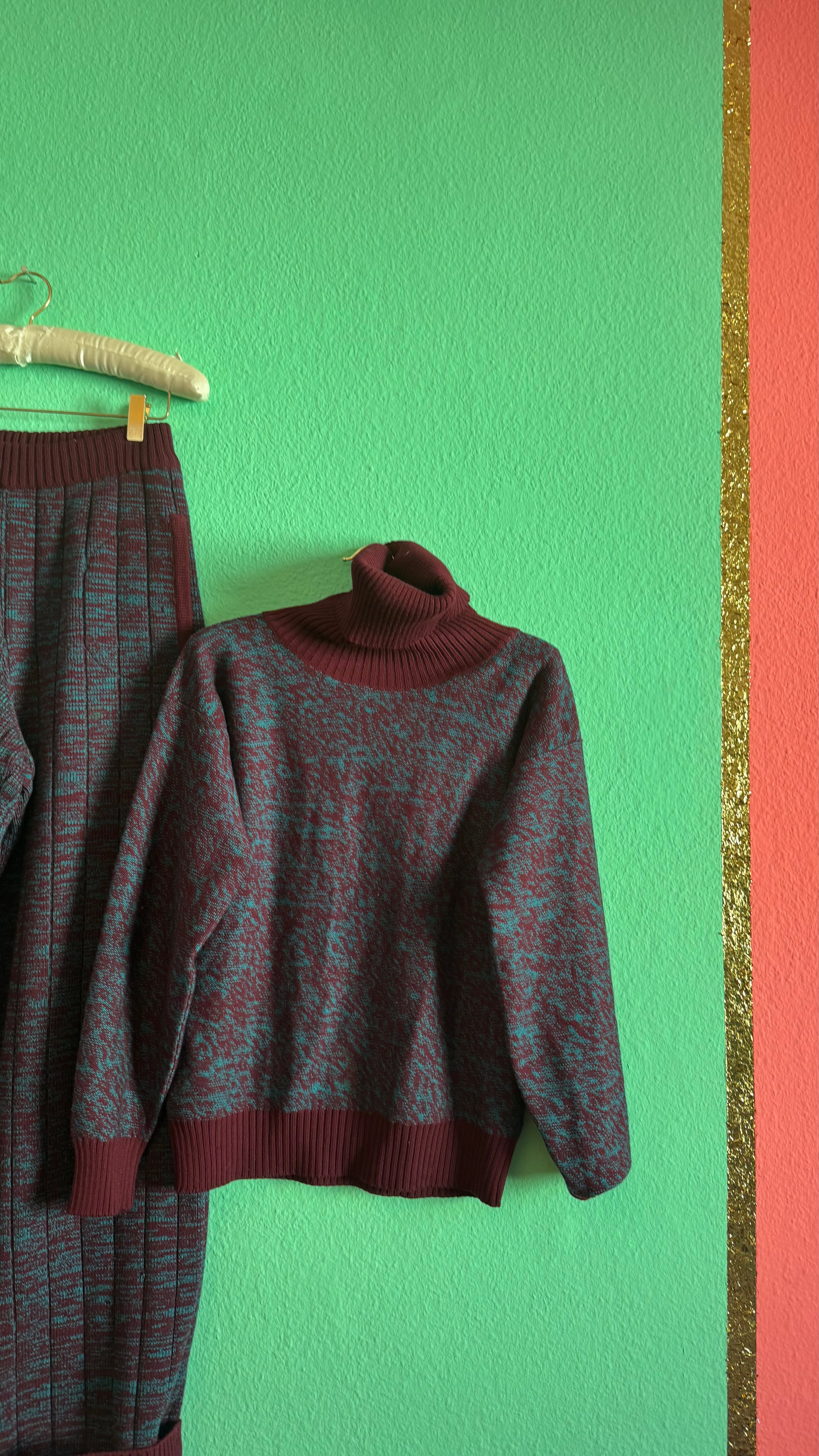 Vintage 1980s Burgundy & Teal Virgin Wool Knit Set by Saint Laurent Rive Gauche