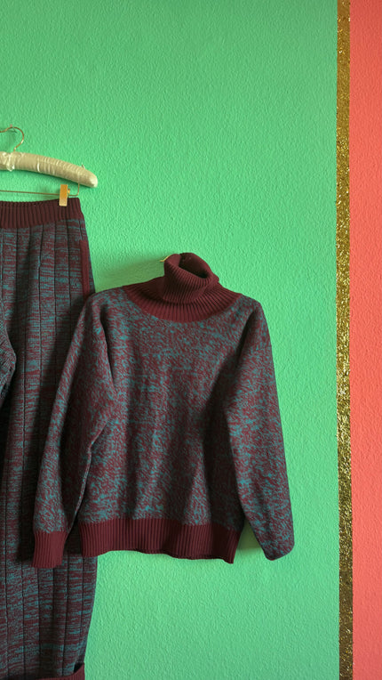 Vintage 1980s Burgundy & Teal Virgin Wool Knit Set by Saint Laurent Rive Gauche