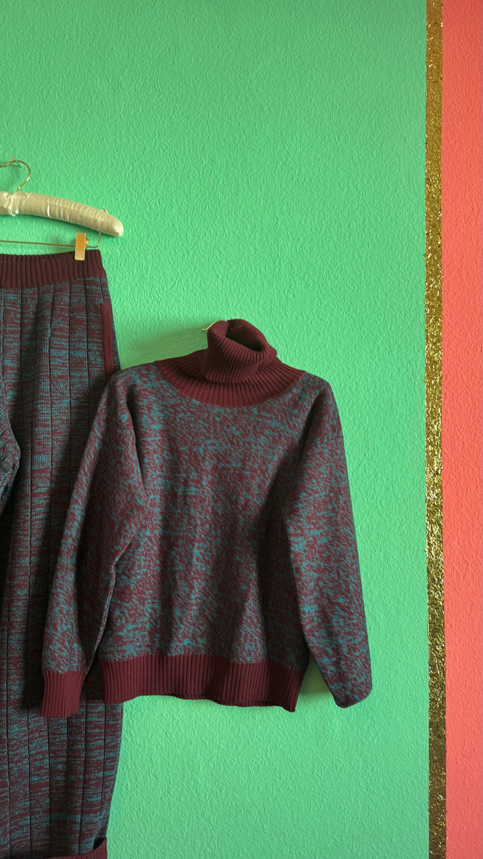 Vintage 1980s Burgundy & Teal Virgin Wool Knit Set by Saint Laurent Rive Gauche