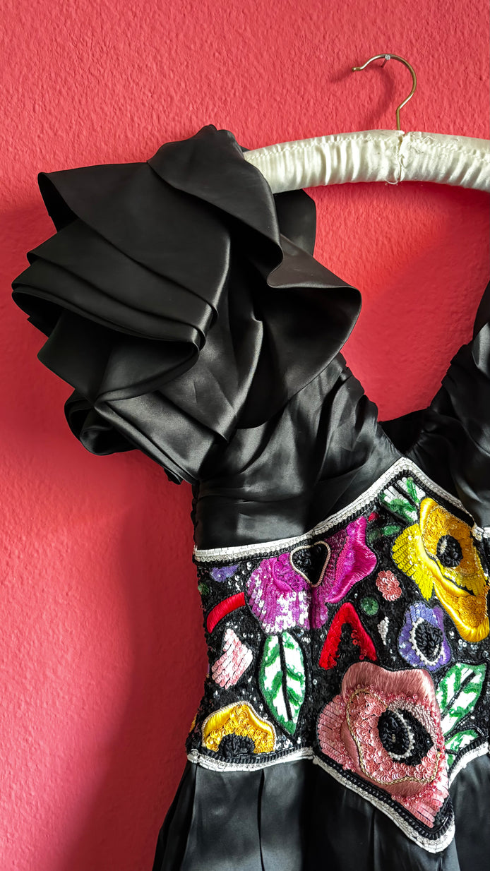 Louis Féraud Satin Dress - Embroidered Sequin Evening Gown - Alva - Morgaine | Vintage Store