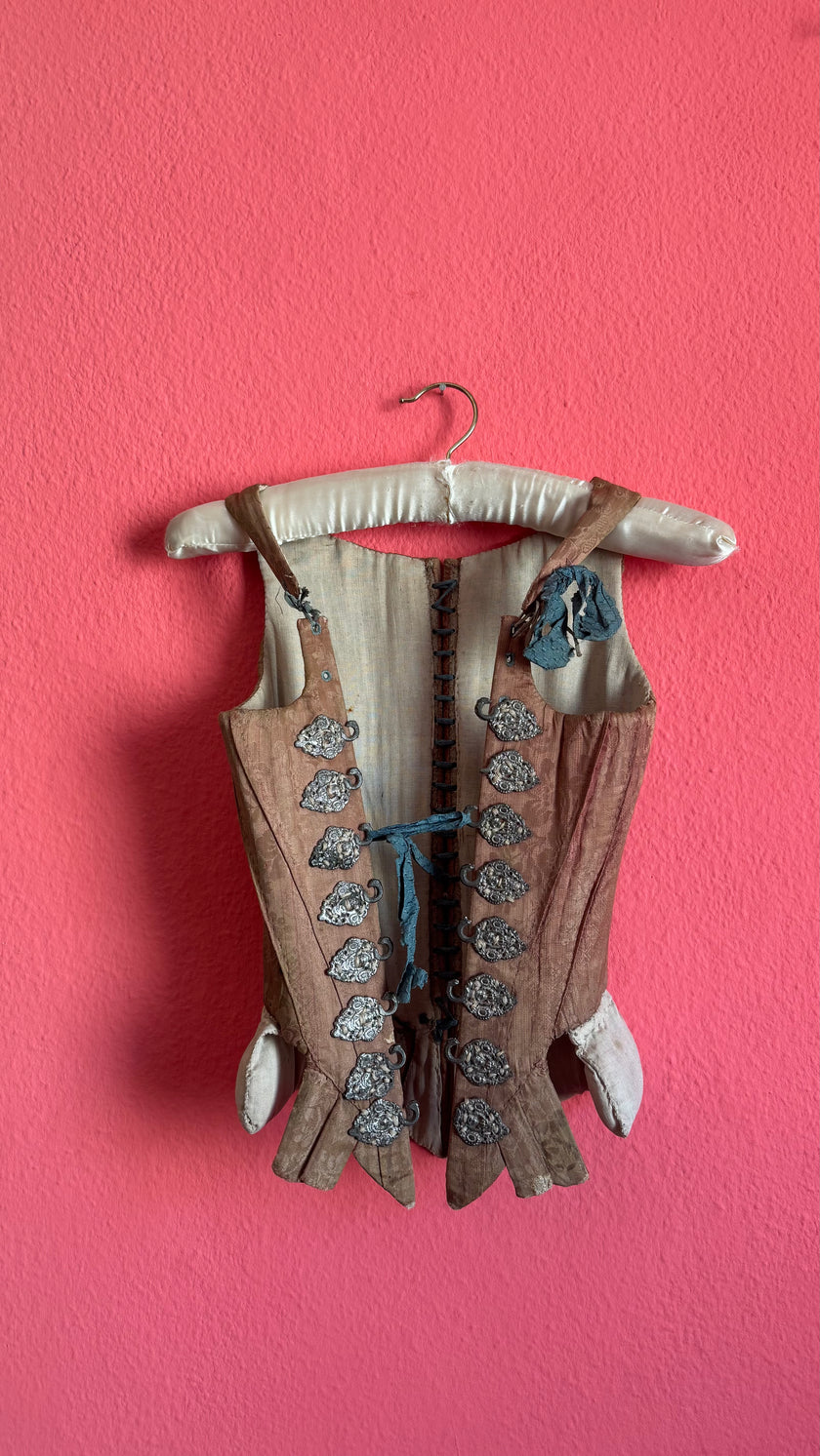 Vintage 19th-Century Rose-Brown Bodice Vest With Metal Hooks