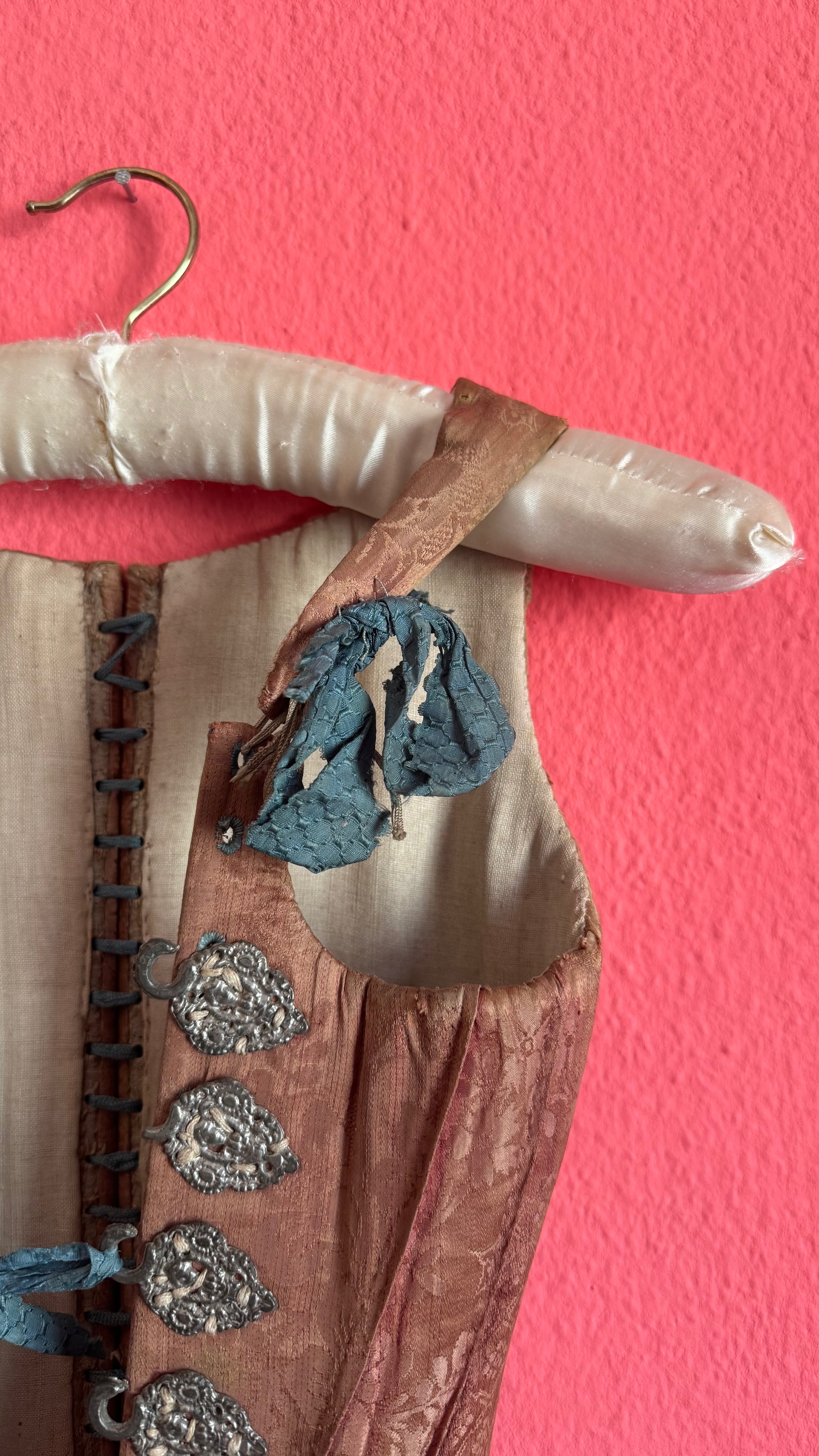 Vintage 19th-Century Rose-Brown Bodice Vest With Metal Hooks