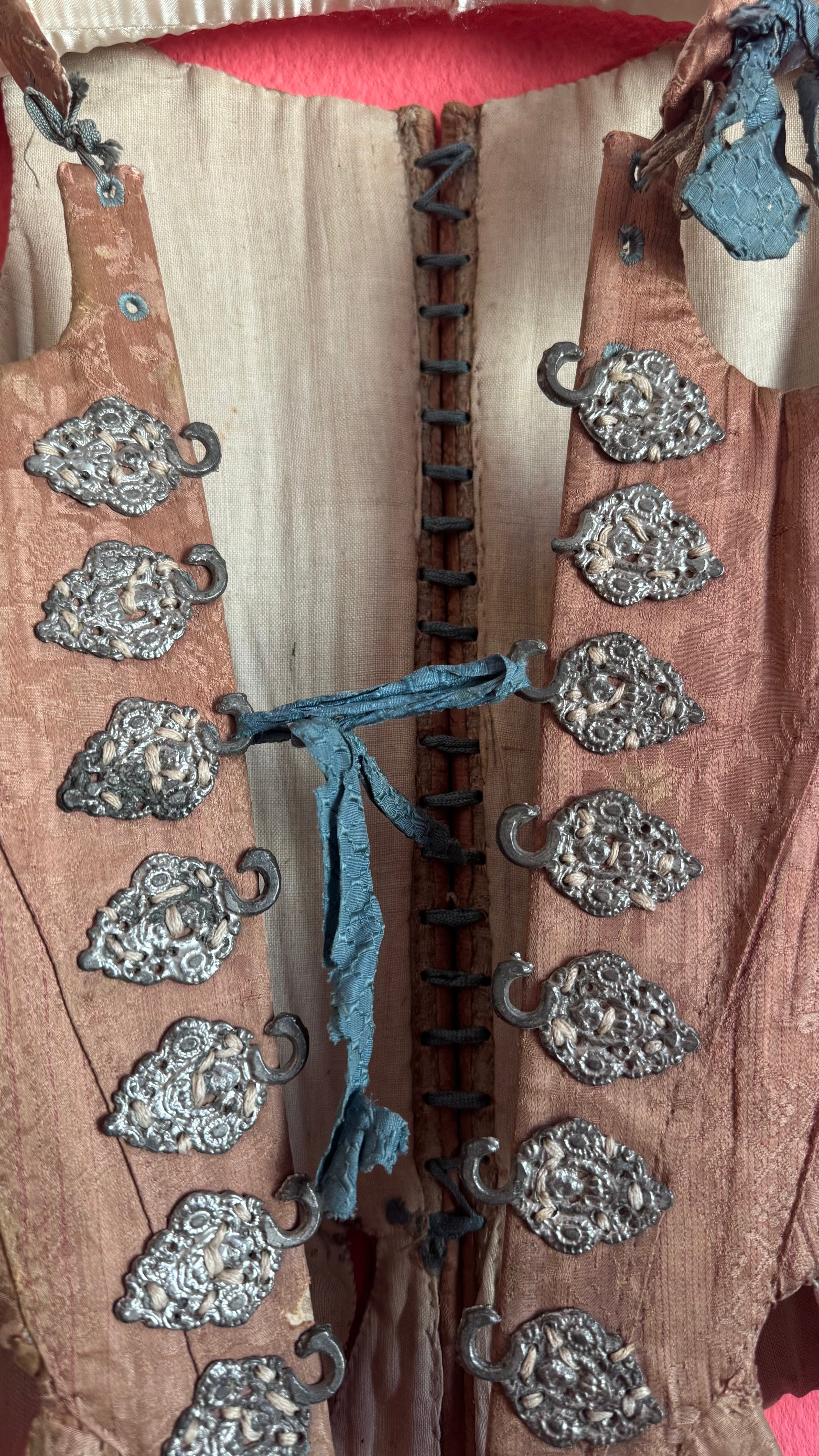 Vintage 19th-Century Rose-Brown Bodice Vest With Metal Hooks