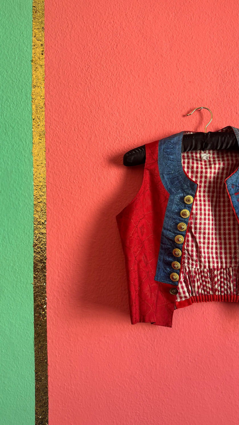 Vintage Traditional Dirndl Vest in Red Jacquard and Cotton