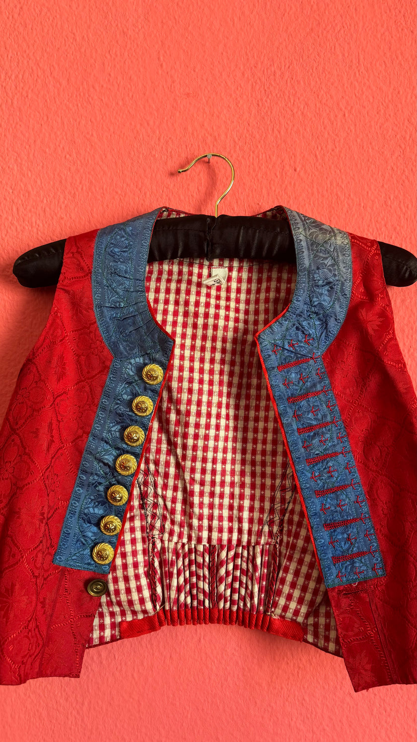 Vintage Traditional Dirndl Vest in Red Jacquard and Cotton