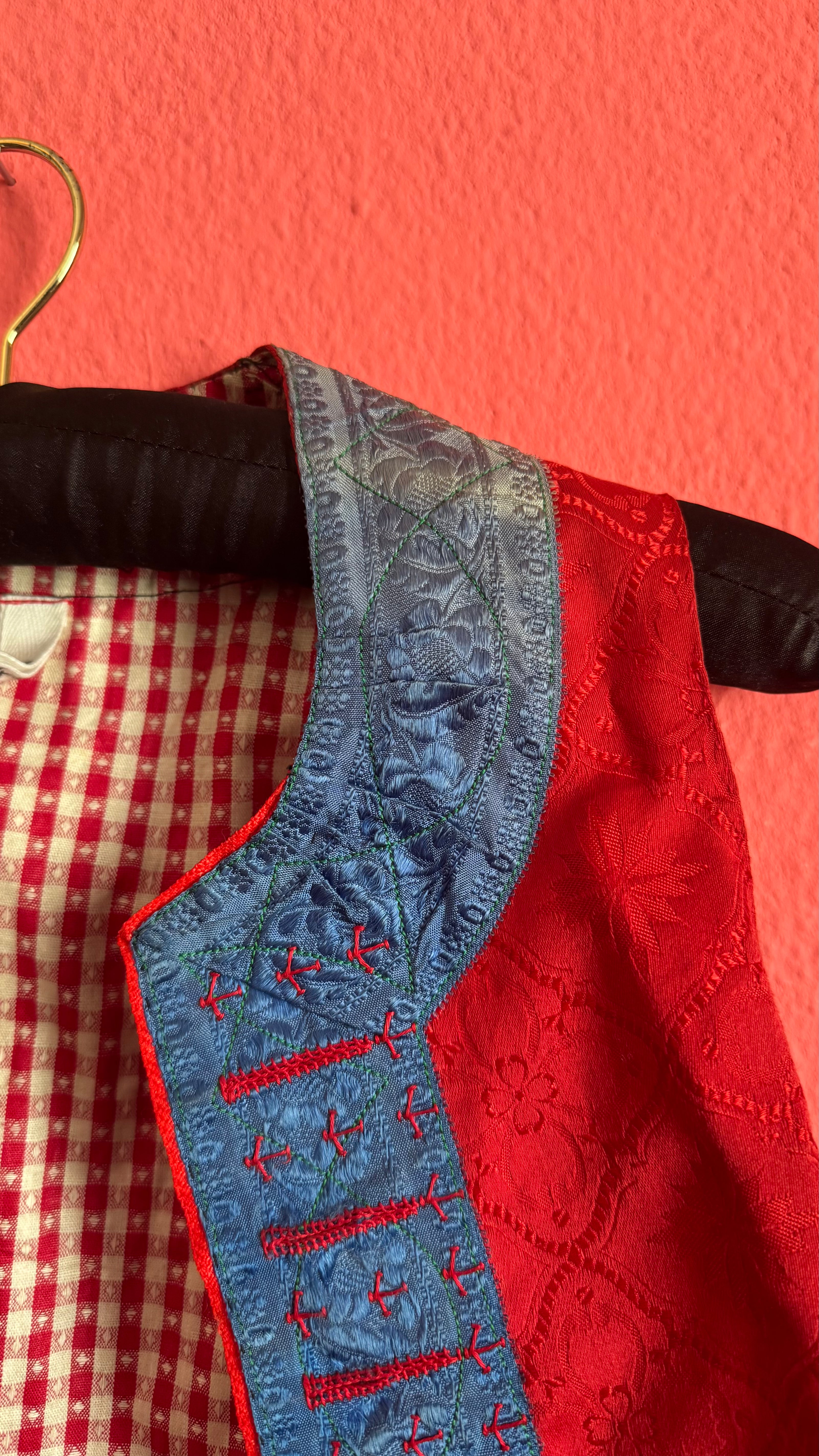 Vintage Traditional Dirndl Vest in Red Jacquard and Cotton