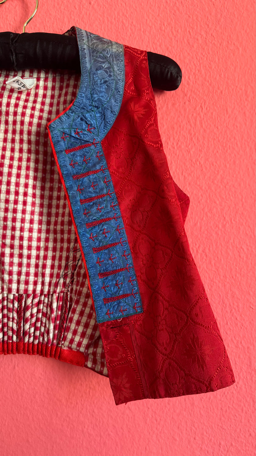 Vintage Traditional Dirndl Vest in Red Jacquard and Cotton