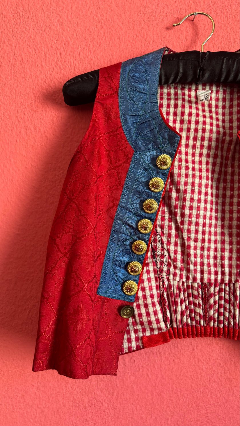 Vintage Traditional Dirndl Vest in Red Jacquard and Cotton
