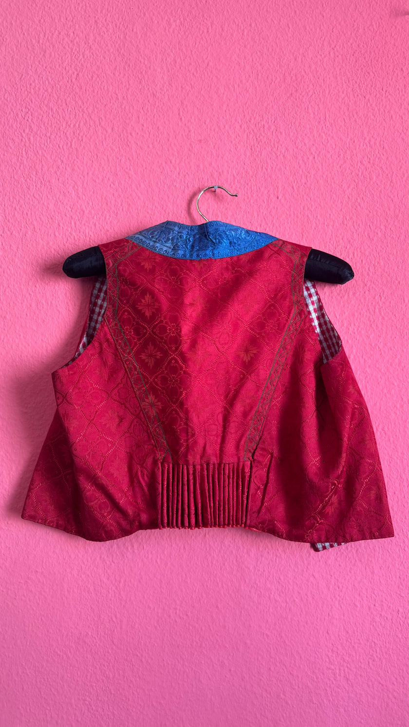 Vintage Traditional Dirndl Vest in Red Jacquard and Cotton