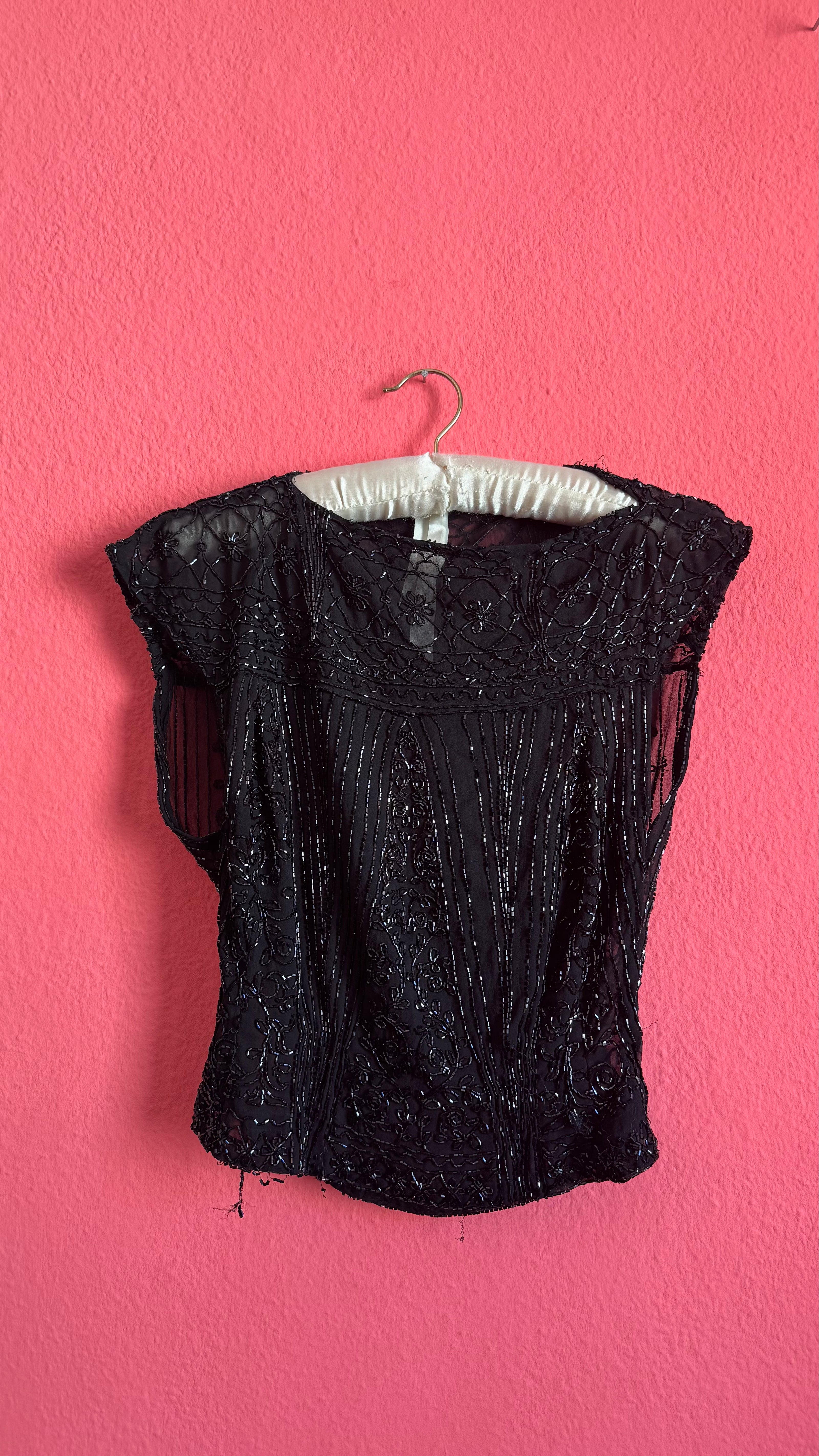 Vintage 1920s Black Silk Beaded Evening Top