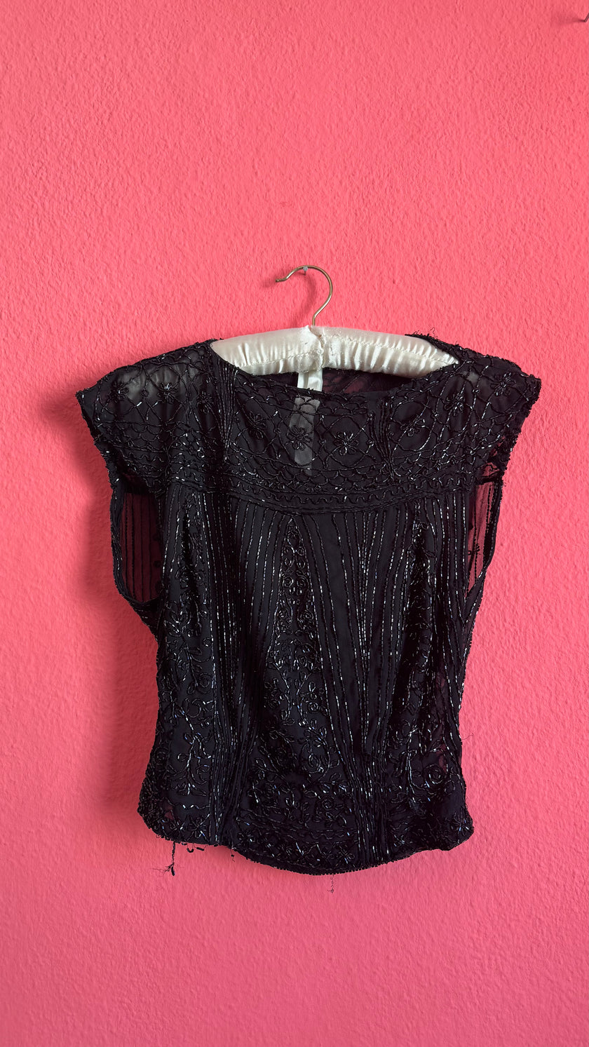 Vintage 1920s Black Silk Beaded Evening Top