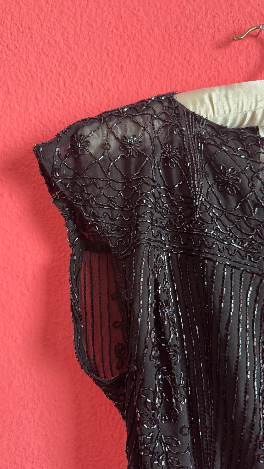 Vintage 1920s Black Silk Beaded Evening Top