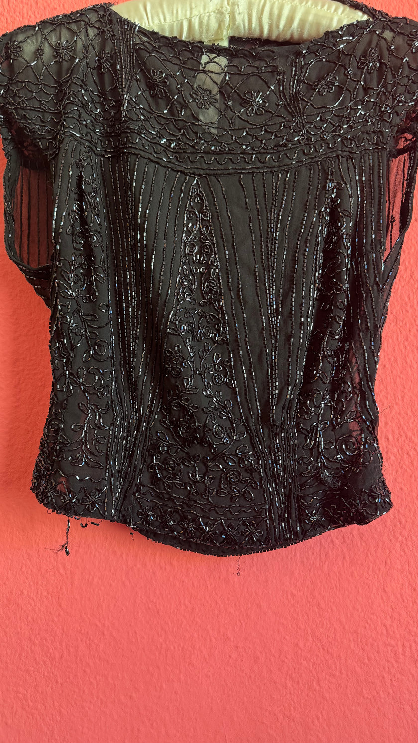 Vintage 1920s Black Silk Beaded Evening Top