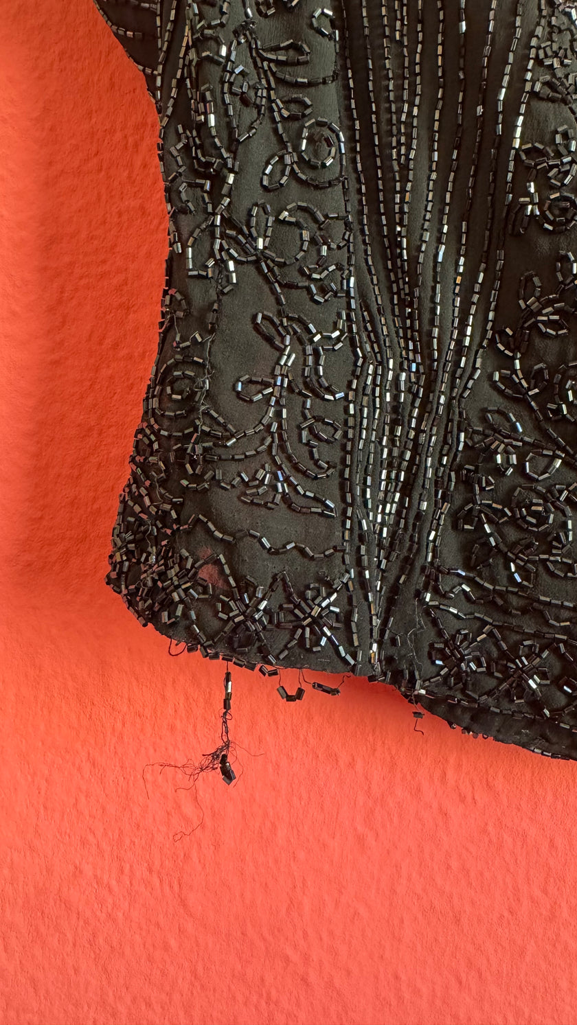 Vintage 1920s Black Silk Beaded Evening Top