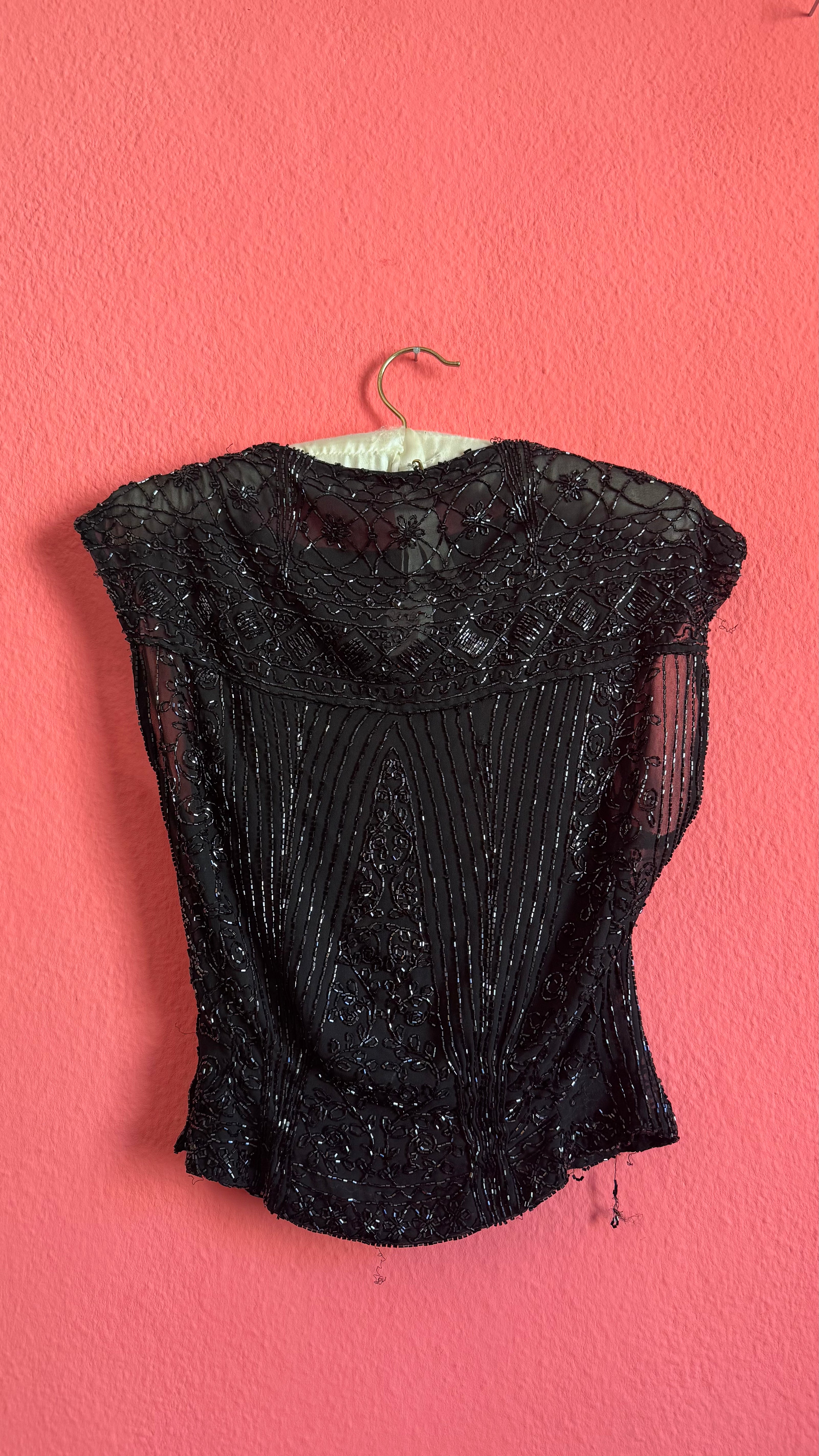 Vintage 1920s Black Silk Beaded Evening Top