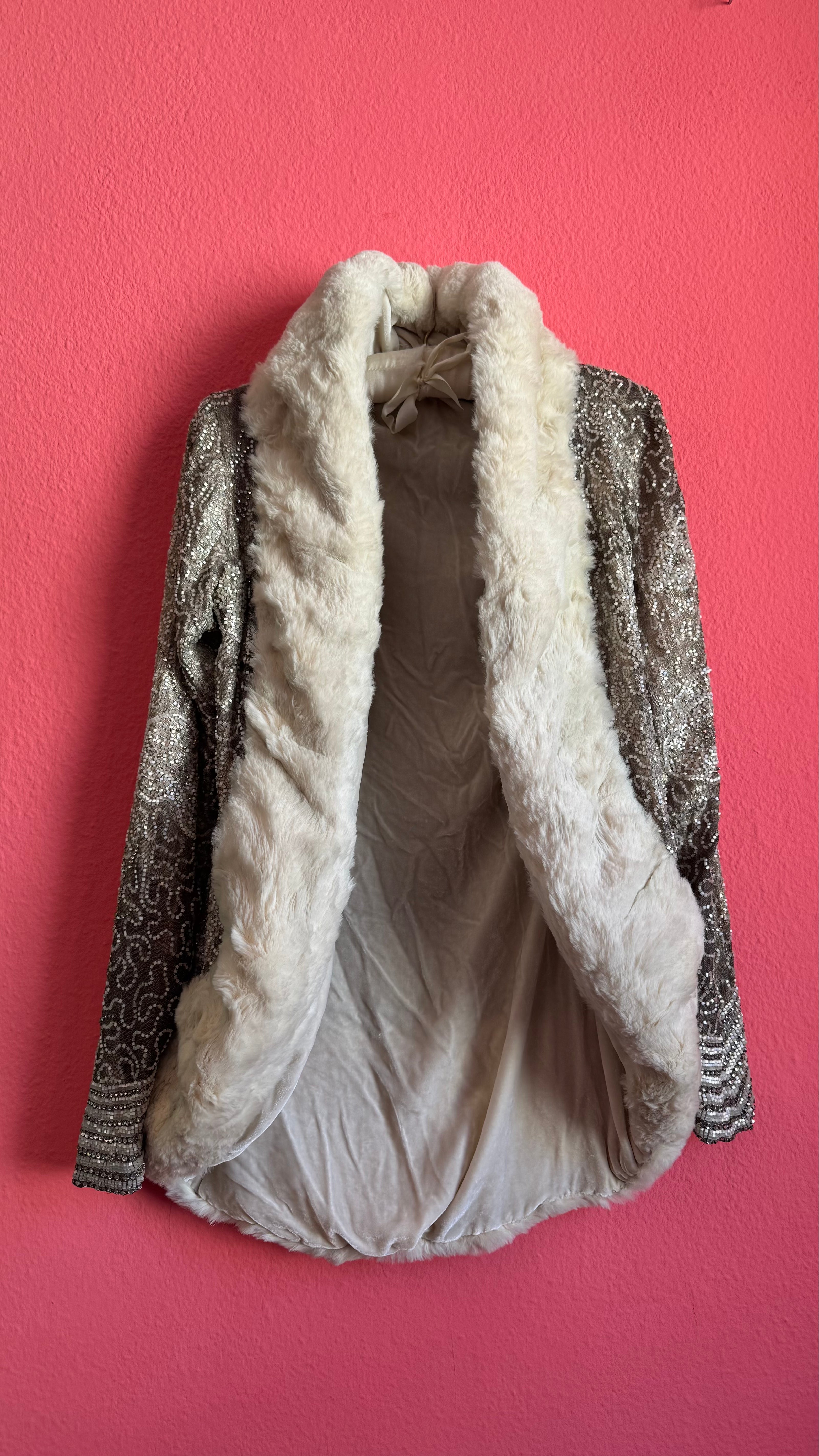 Vintage 1920s Ivory Fur-Trim Glass Beaded Evening Jacket