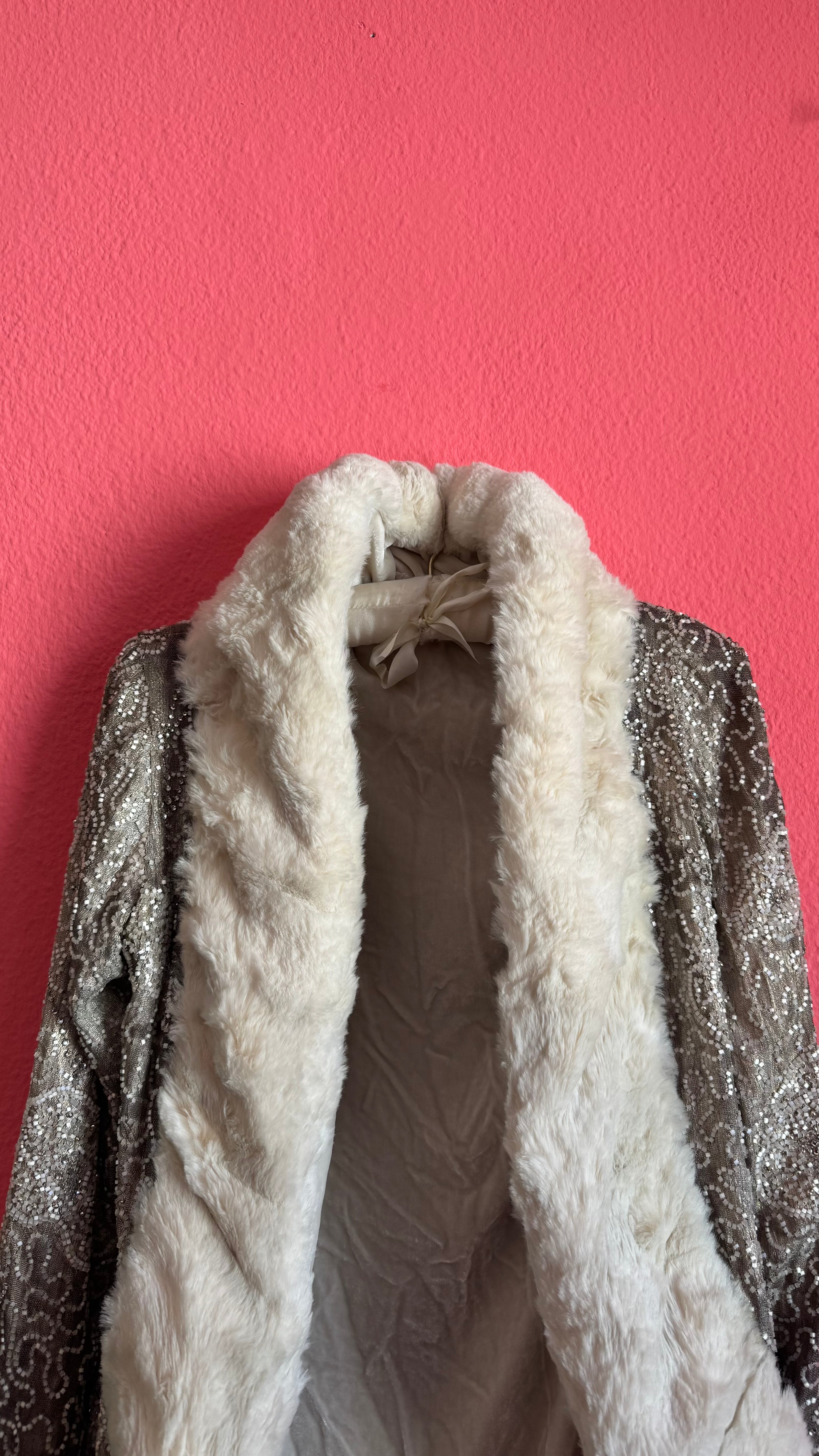 Vintage 1920s Ivory Fur-Trim Glass Beaded Evening Jacket