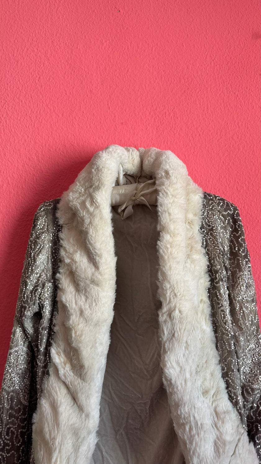 Vintage 1920s Ivory Fur-Trim Glass Beaded Evening Jacket