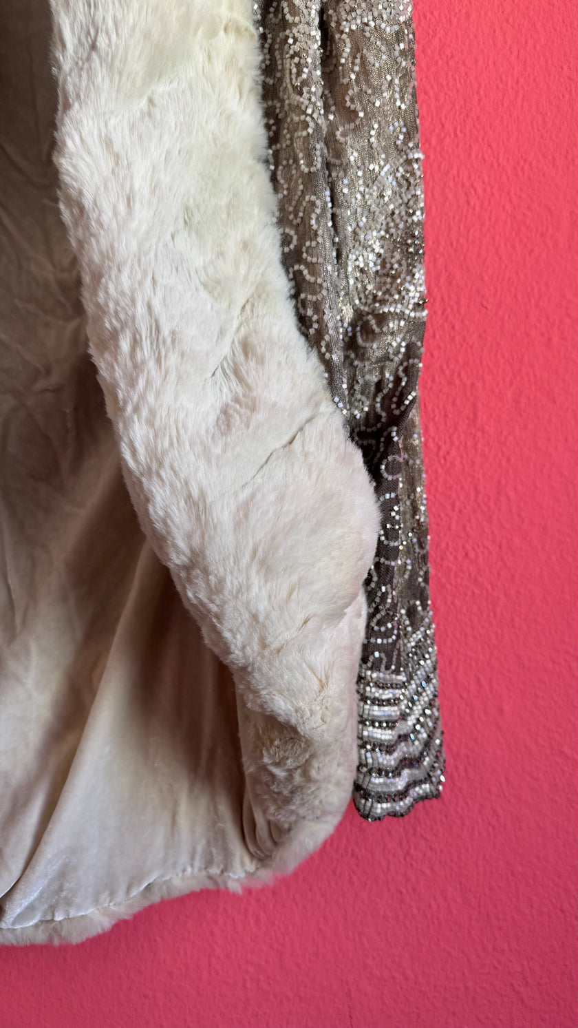 Vintage 1920s Ivory Fur-Trim Glass Beaded Evening Jacket