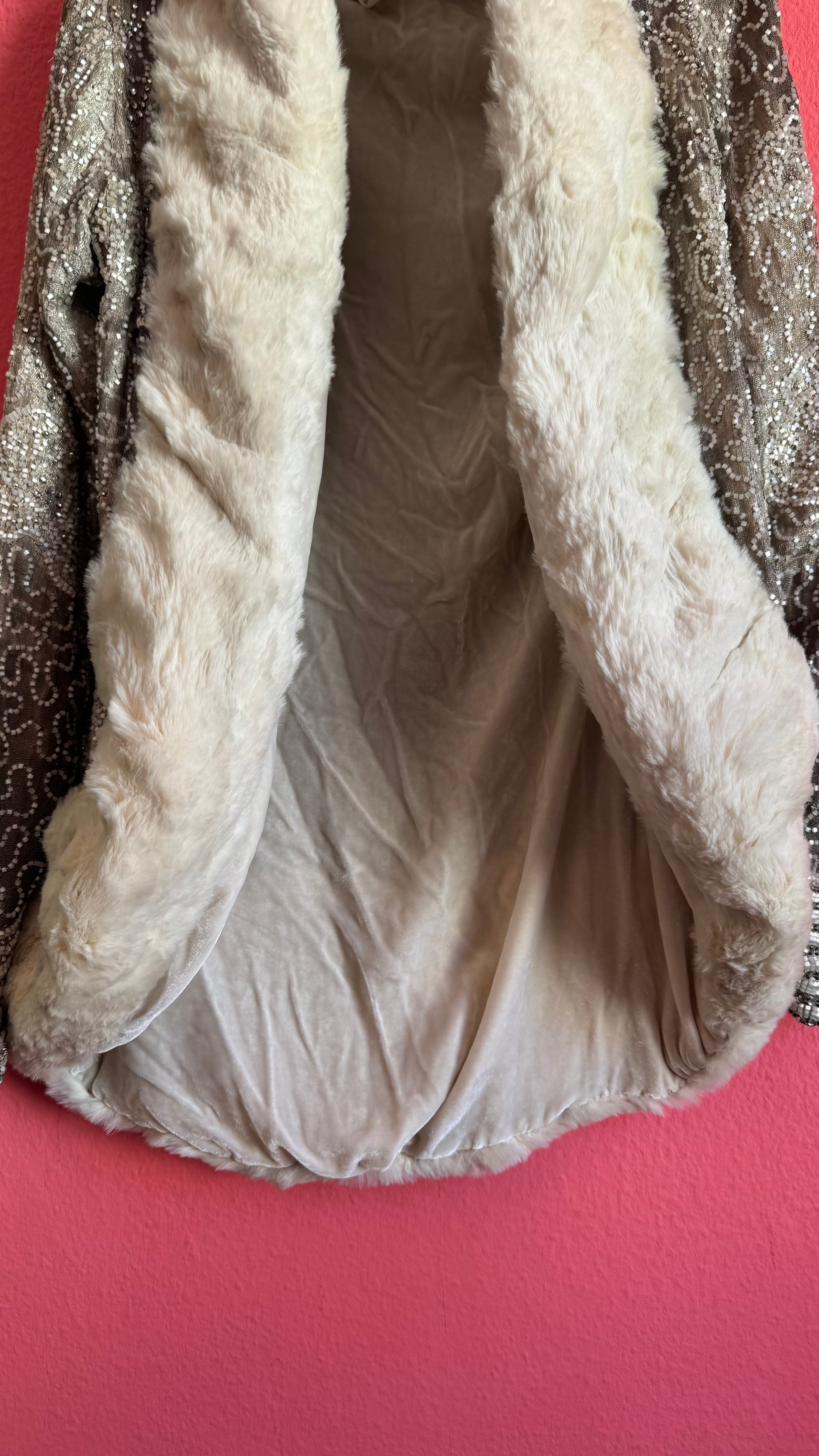 Vintage 1920s Ivory Fur-Trim Glass Beaded Evening Jacket