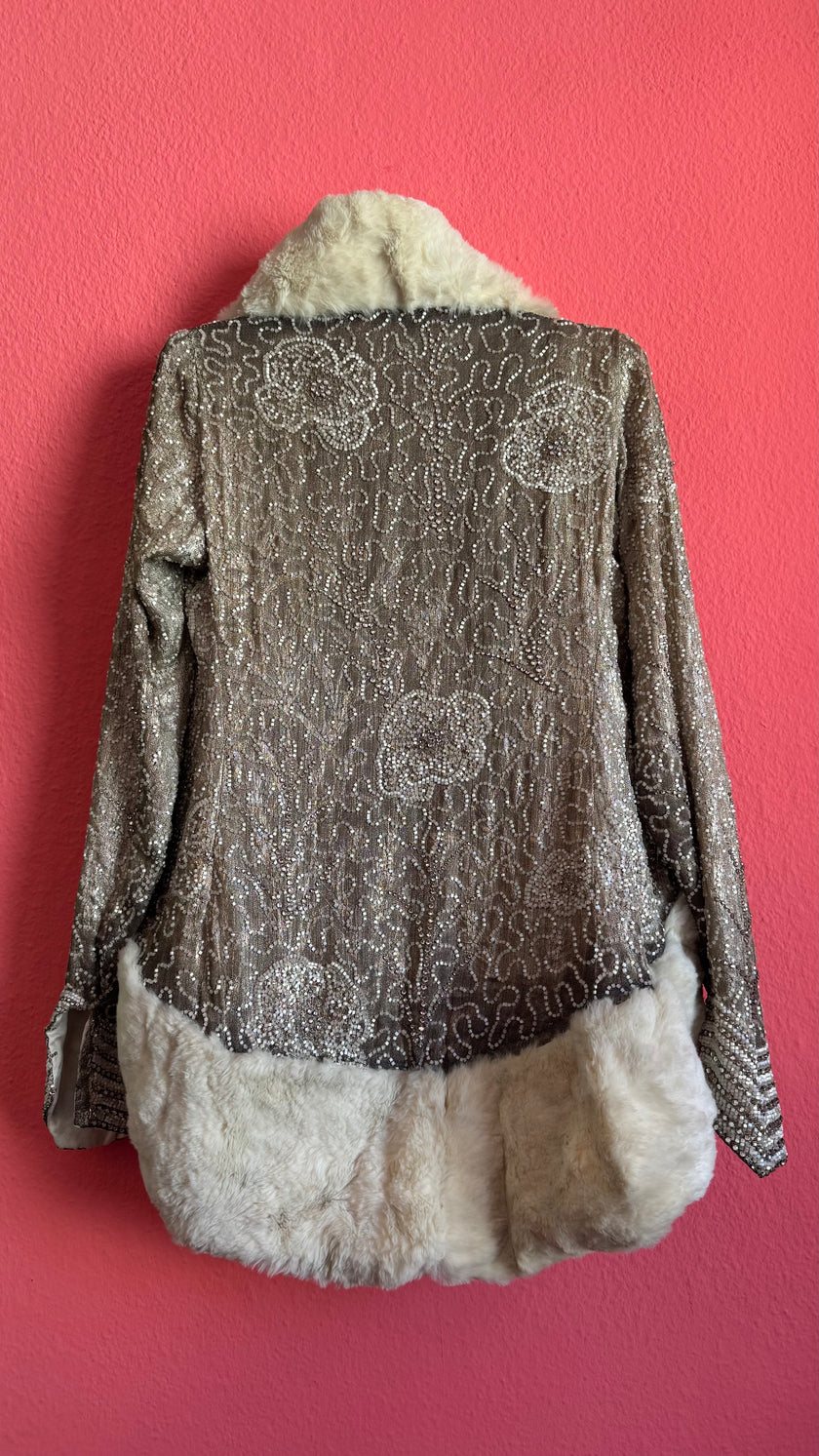Vintage 1920s Ivory Fur-Trim Glass Beaded Evening Jacket