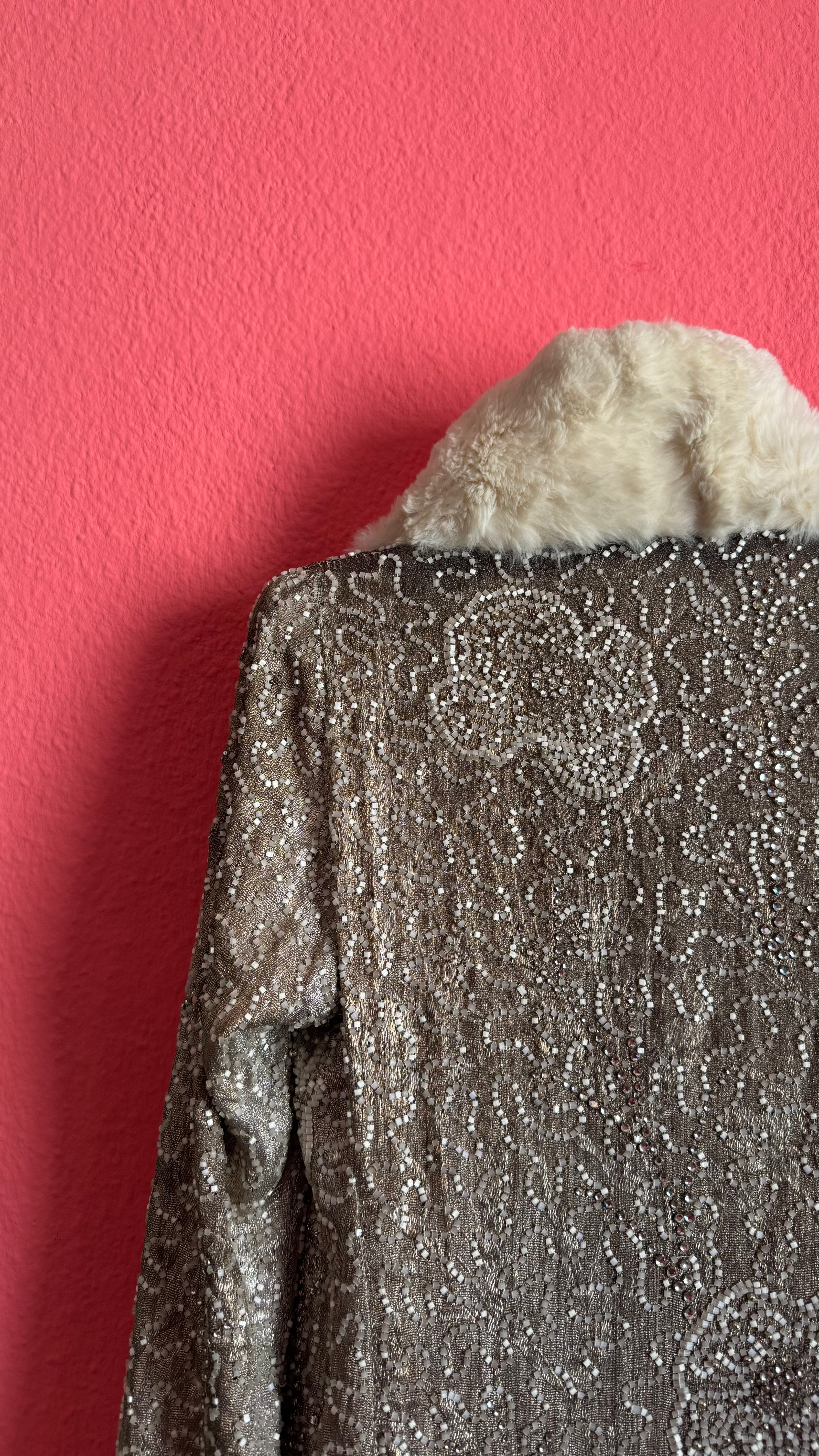 Vintage 1920s Ivory Fur-Trim Glass Beaded Evening Jacket