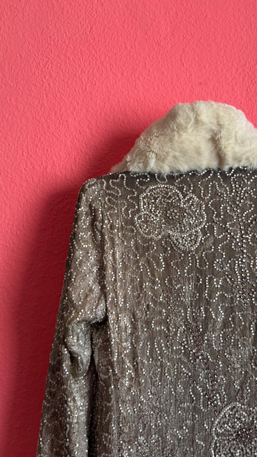 Vintage 1920s Ivory Fur-Trim Glass Beaded Evening Jacket