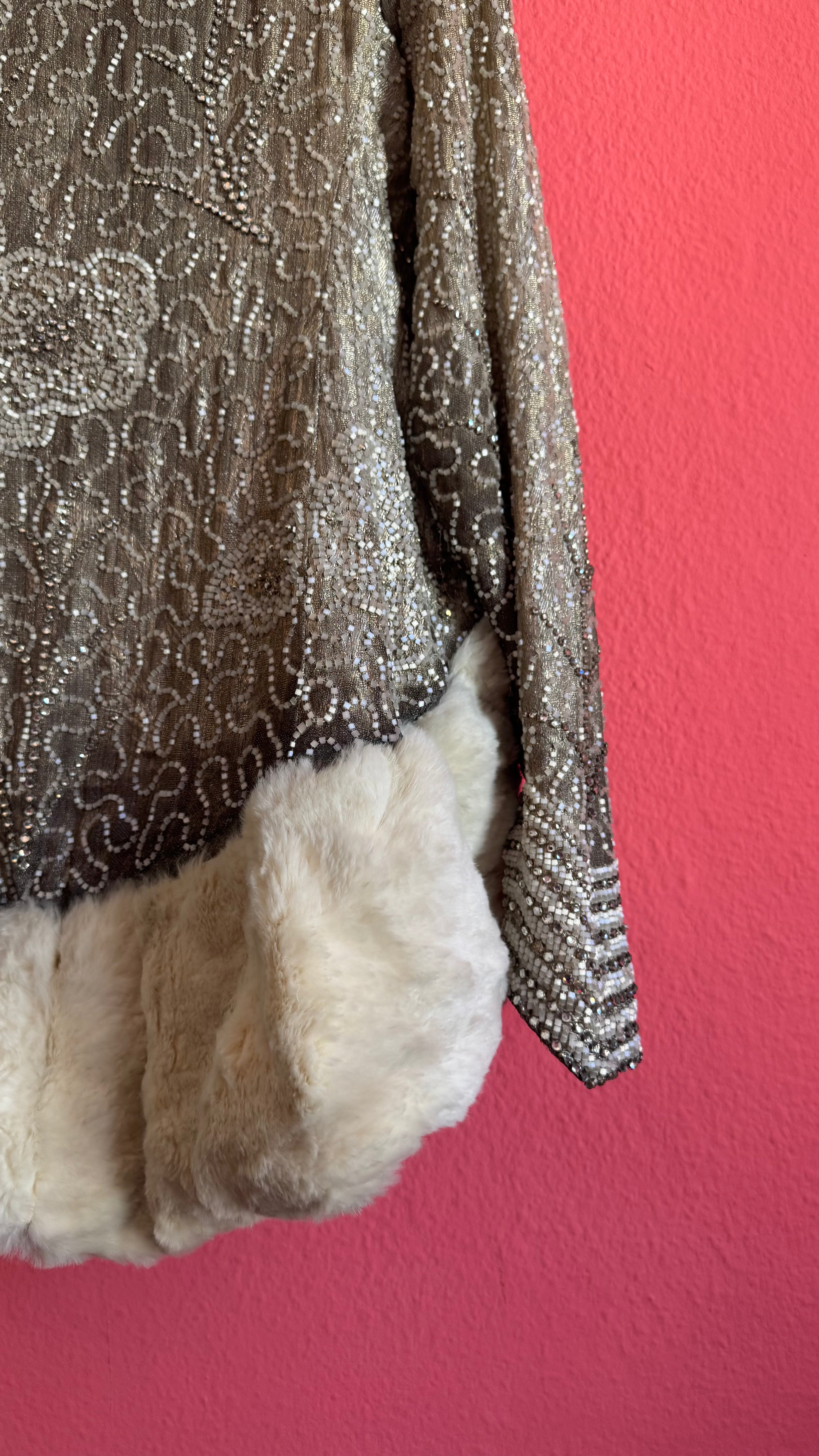 Vintage 1920s Ivory Fur-Trim Glass Beaded Evening Jacket