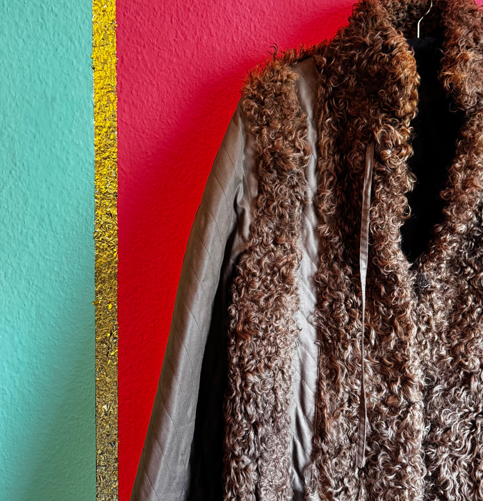 70s Brown Karakul Lamb Fur Coat - Persian Curly Fur - Alva - Morgaine | Vintage Store