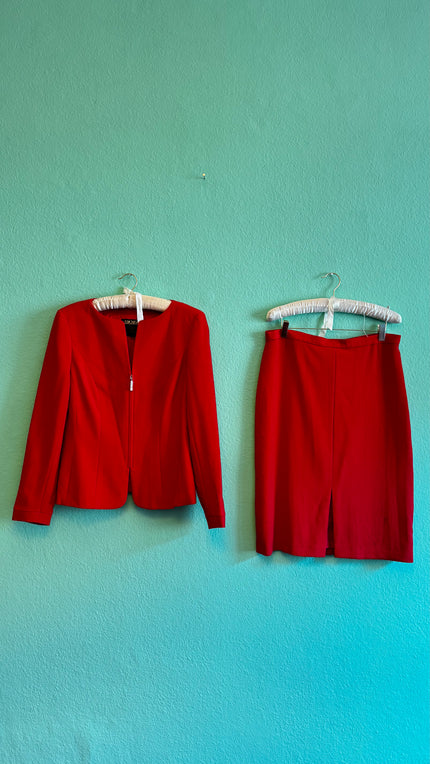Vintage Escada Red Suit | Virgin Wool Mandarin Collar Designer Two-Piece - Alva - Morgaine | Vintage Store