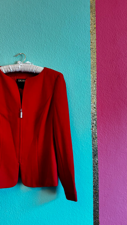 Vintage Escada Red Suit | Virgin Wool Mandarin Collar Designer Two-Piece - Alva - Morgaine | Vintage Store