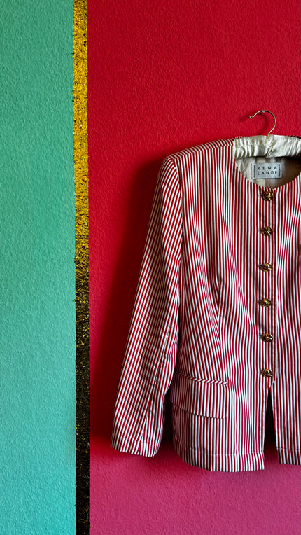 Rena Lange Red White Striped Blazer - High Collar Cotton - Alva - Morgaine | Vintage Store