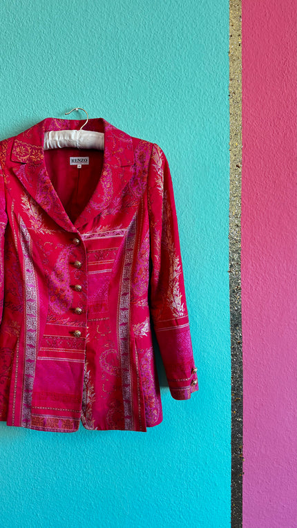 Renzo Red Jacquard Blazer - Gold Button Detailing - Alva - Morgaine | Vintage Store