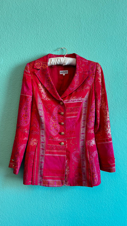 Renzo Red Jacquard Blazer - Gold Button Detailing - Alva - Morgaine | Vintage Store