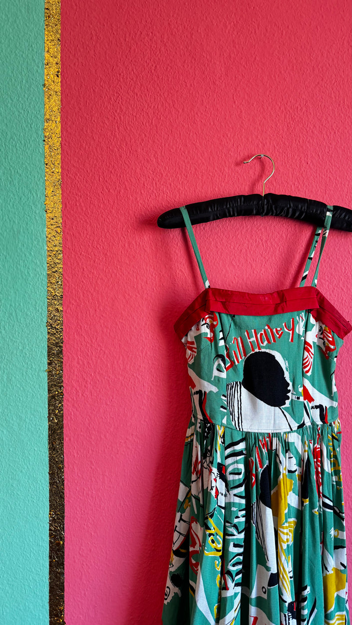 Vintage Jazz Rock 'n' Roll Dress | Elvis Bill Haley Typography Cotton - Alva - Morgaine | Vintage Store