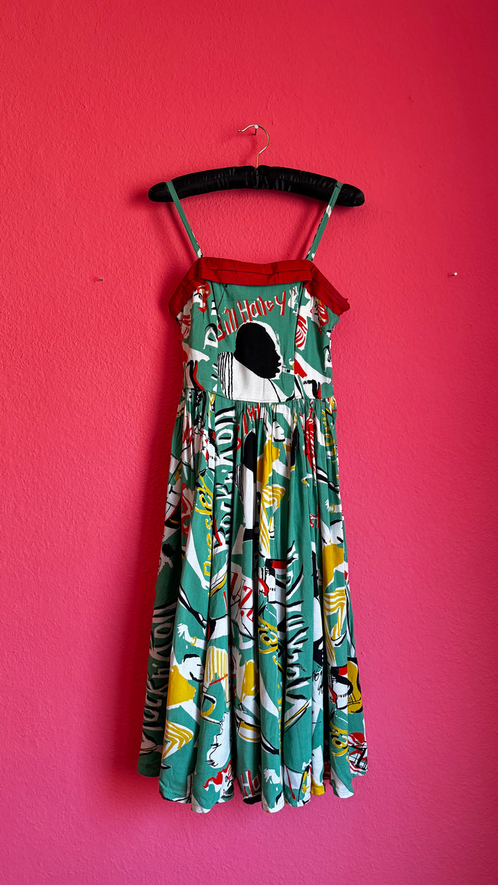 Vintage Jazz Rock 'n' Roll Dress | Elvis Bill Haley Typography Cotton - Alva - Morgaine | Vintage Store