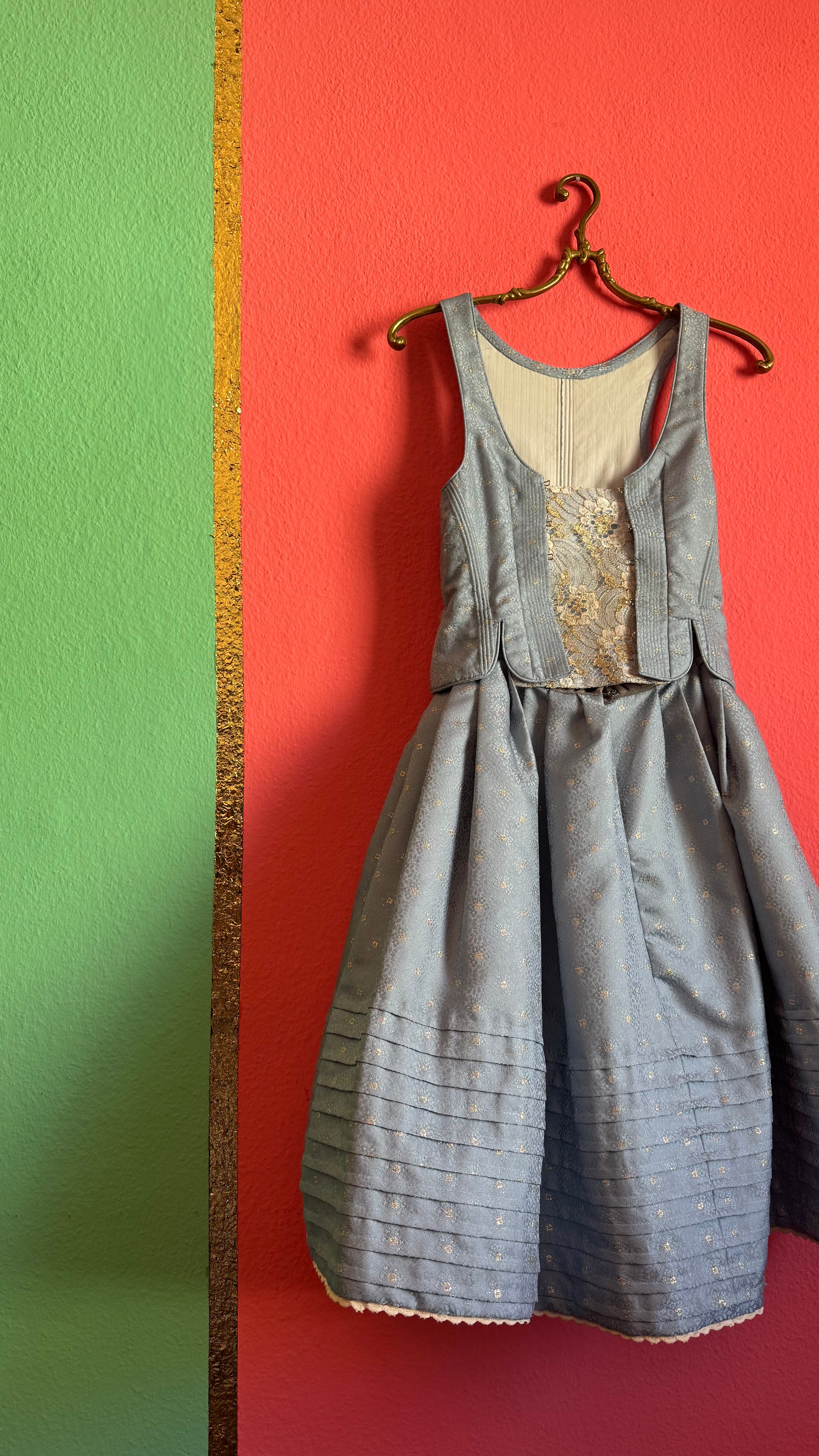 Vintage Estimated 1980s Powder Blue Cotton Brocade Dirndl Dress