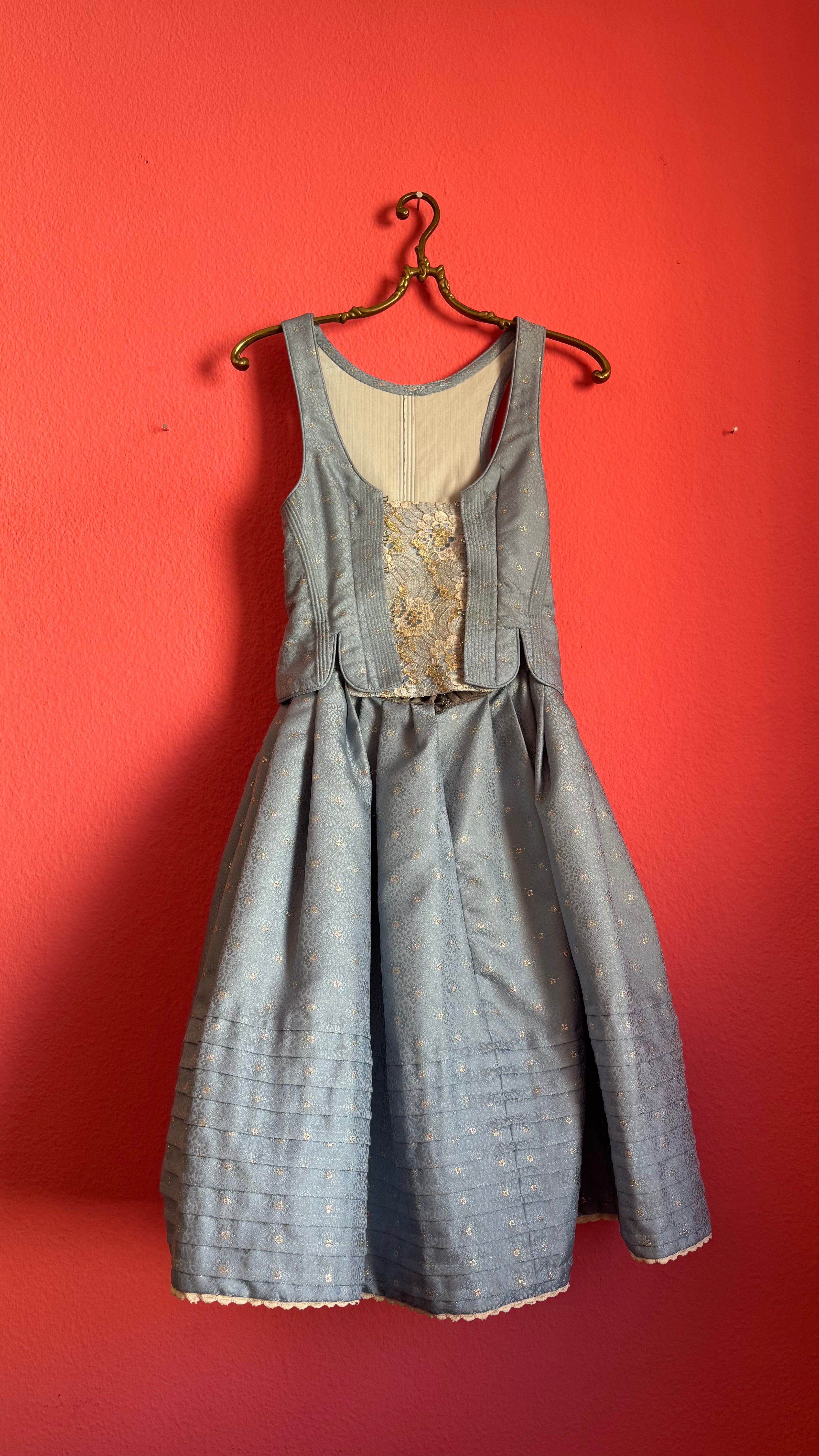 Vintage Estimated 1980s Powder Blue Cotton Brocade Dirndl Dress