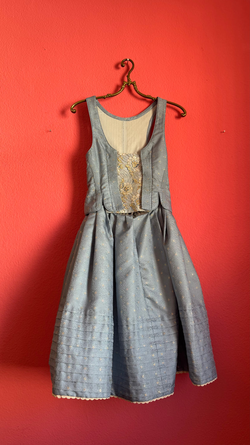 Vintage Estimated 1980s Powder Blue Cotton Brocade Dirndl Dress