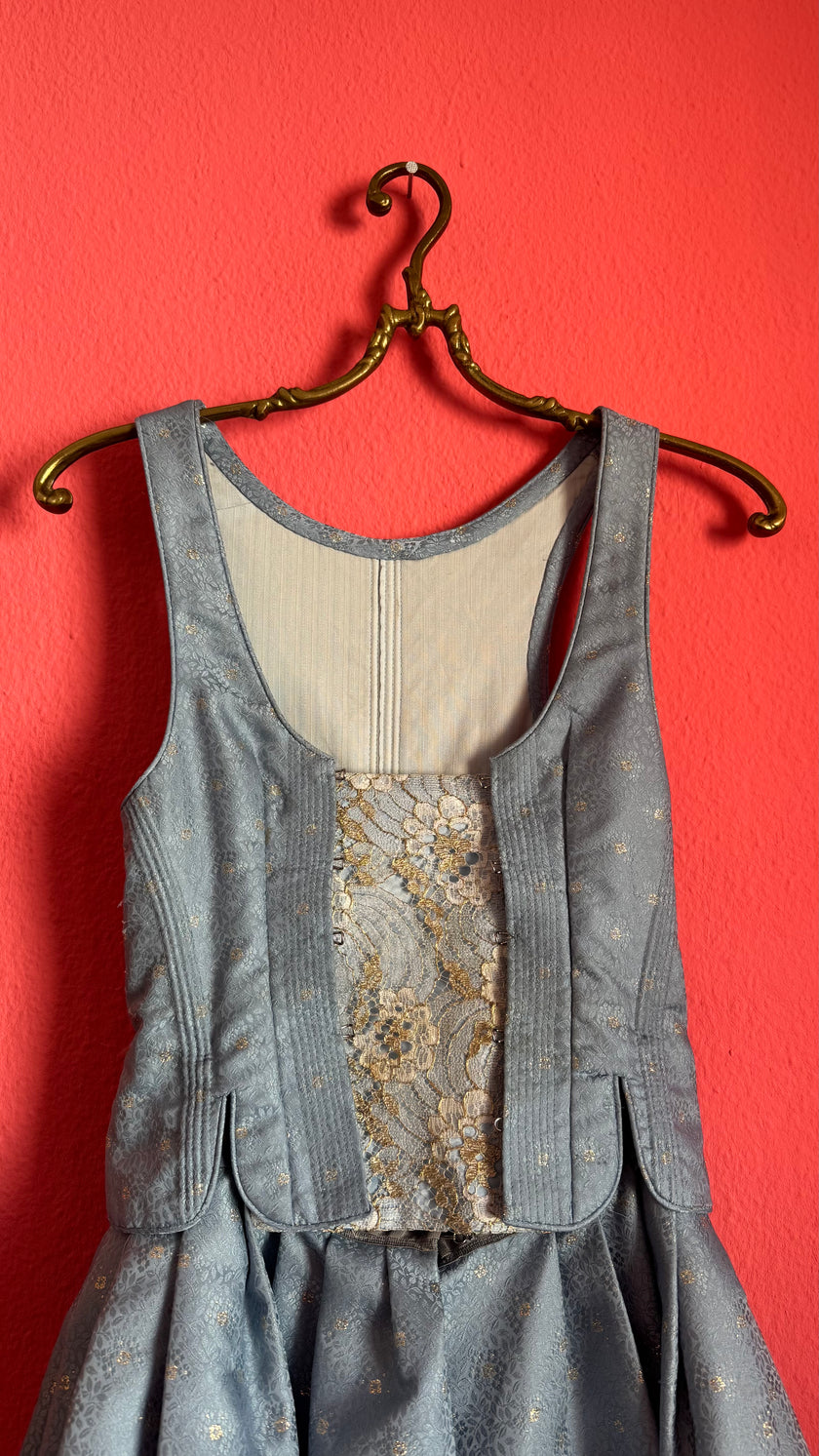 Vintage Estimated 1980s Powder Blue Cotton Brocade Dirndl Dress