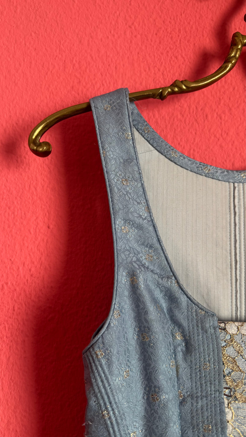 Vintage Estimated 1980s Powder Blue Cotton Brocade Dirndl Dress
