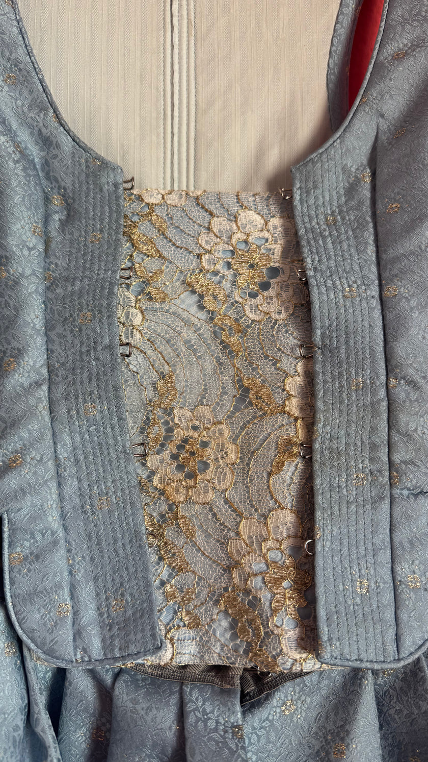 Vintage Estimated 1980s Powder Blue Cotton Brocade Dirndl Dress