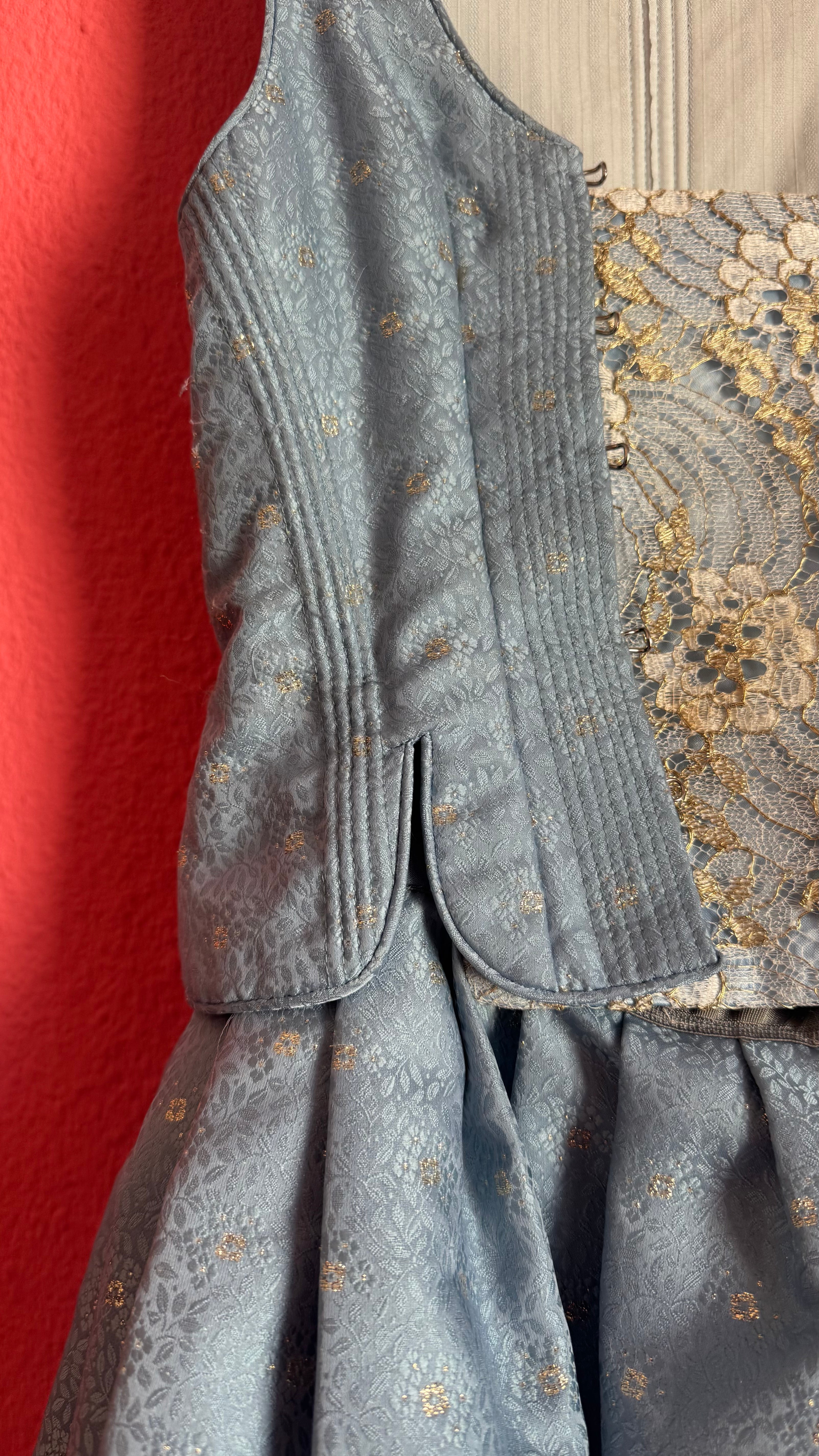 Vintage Estimated 1980s Powder Blue Cotton Brocade Dirndl Dress
