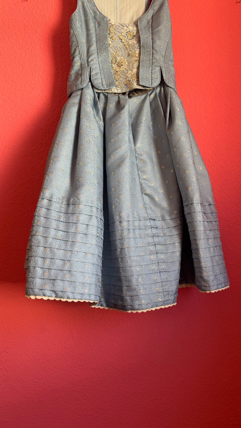 Vintage Estimated 1980s Powder Blue Cotton Brocade Dirndl Dress