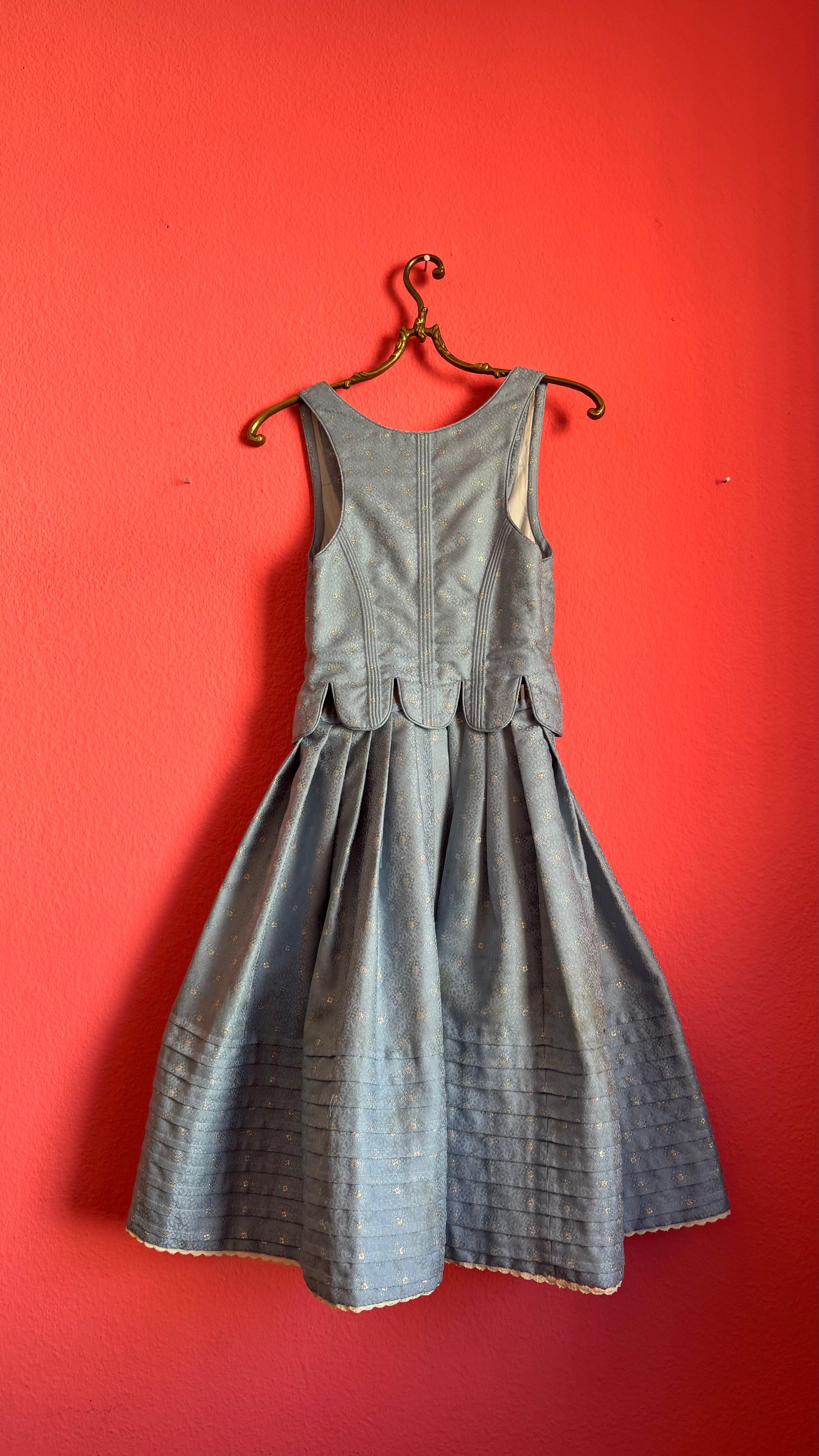 Vintage Estimated 1980s Powder Blue Cotton Brocade Dirndl Dress